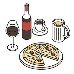 Isometric illustration of pizza, wine, coffee, and mug isolated on white background, perfect for restaurant or cafe menu design