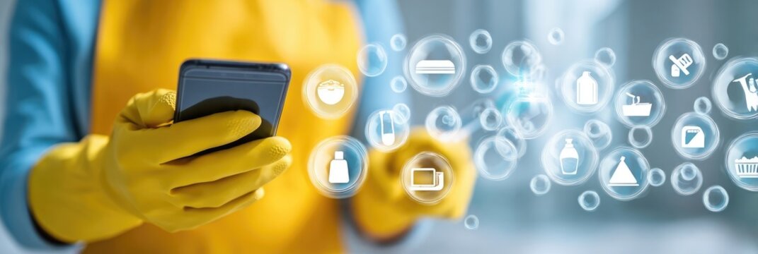 Person in yellow cleaning uniform using a phone with cleaning icons