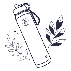 Reusable water bottle with leaves isolated on white background for ecofriendly lifestyle and sustainable living concept in vector design