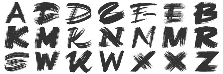 Bold brushstroke style alphabet letters A to Z in black on a white background, conveying a dynamic and artistic feel. The letters are thick and expressive.