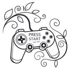 Obraz premium Vintage game controller with floral swirls, inviting players to press start and enjoy the fun isolated on white background