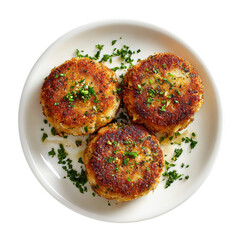 Hree golden-brown crab cakes arranged on transparent background