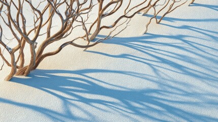 Intricate branches casting shadows on a snow-covered surface in soft light.