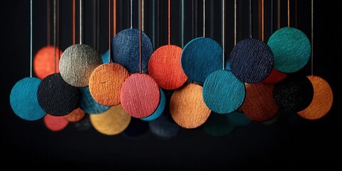 Colorful Hanging Wooden Discs Create a Modern Mobile Art Installation Against a Dark Background Displaying Texture