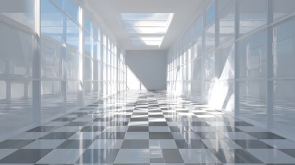 Fototapeta premium Empty, bright corridor with large windows.
