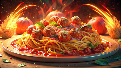 spaghetti with tomato sauce and basil, illustrator, food photography