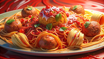 food macro photography, pasta with meat ball, illustrator