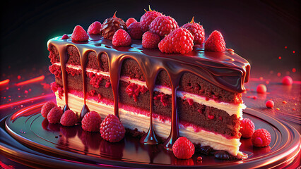 chocolate cake with strawberry and chocolate sauce design, dessert