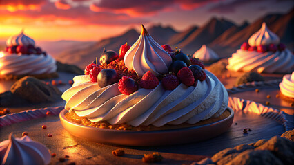 chocolate pie with heavy cream, dessert design with strawberry