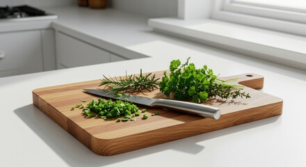 Fresh Herbs and Chopped Chives on Wooden Cutting Board.