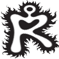 Stylized letter r engulfed in flames with a decorative border on a white background design element