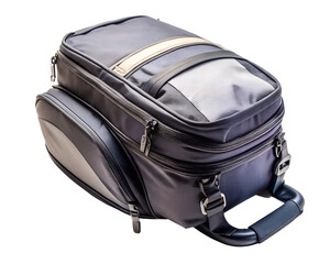 Dark grey canvas travel bag with multiple compartments and zippers, isolated on transparent background