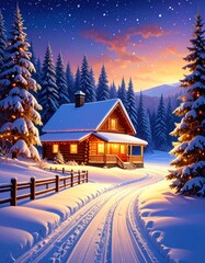 Fototapeta premium Winter cabin nestled in snowy woods