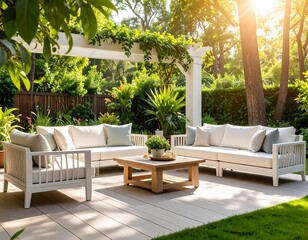 Sunlit patio with white sectional sofa, coffee table, and pergola draped in greenery