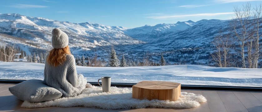 Woman enjoying snowy mountain view