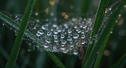 Dew-Kissed Spiderweb: Nature's Crystal Jewels on Lush Green Grass