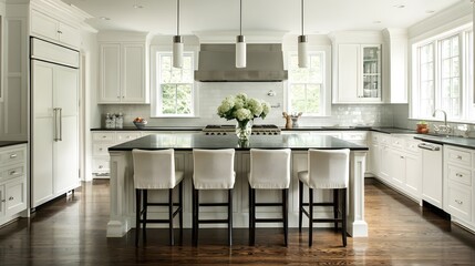 A spacious, modern kitchen with white cabinets and a dark granite island.