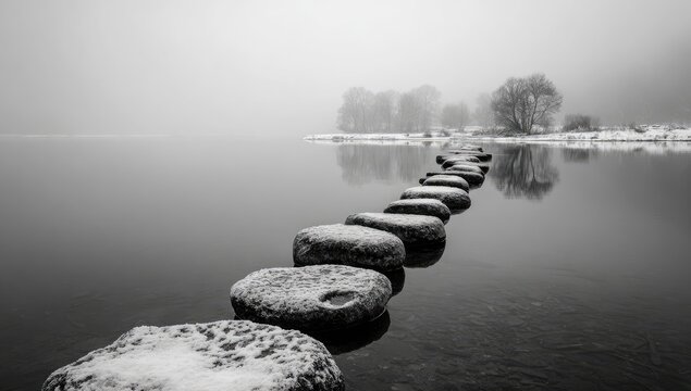 A grayscale path of stones across a calm, snowy lake