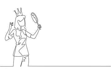 Continuous line drawing of a woman holding a mirror while wearing a crown, symbolizing vanity for World Narcissistic Abuse Awareness Day in a psychology concept and awareness theme artwork.