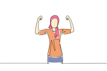 A headscarfed woman flexes both arms in a victory pose, celebrating resilience, remission, and hope. A single line drawing for National Cancer Survivor Day in a health and motivation concept.