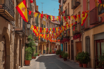 Fototapeta premium Charming street in Spain adorned with vibrant red and yellow flags celebrating local culture and heritage