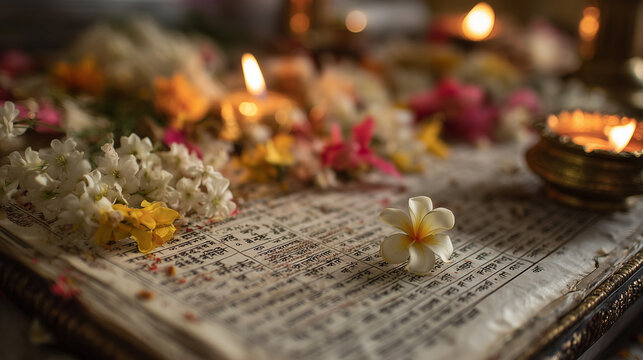 Jain Dashalakshani Parva, close-up of Jain scriptures with diya and flowers during prayer ritual