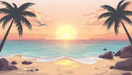 Beautiful Tropical Beach Sunset Vector Illustration