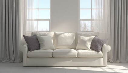Fototapeta premium Light-filled room with cream couch and gray drapes