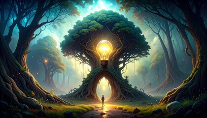 A tree trunk with a glowing bulb embedded in its core, roots and bark shaping around the glass, magical realism scene during forest twilight.