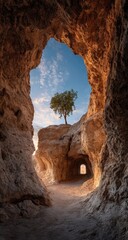 Sunny tunnel through rock formations, small tree on a rise