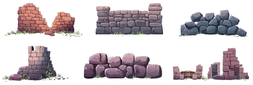 Cartoon ancient stone wall ruins set with broken castle towers rock fences and brick boulder borders in flat minimalist vector style