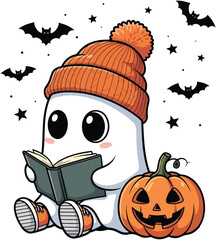 Cute Halloween Ghost Reading Book in Orange Beanie with Pumpkin and Bats - Kawaii Cartoon Vector Illustration