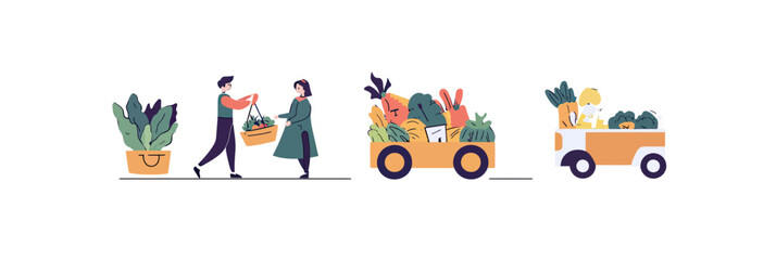 Fototapeta premium Vector illustration of grocery exchange, organic vegetables shopping basket handoff, fresh produce delivery vehicles with vegetables, flat minimalist design