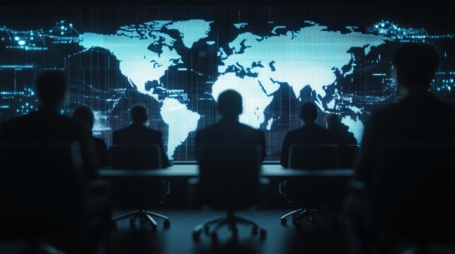 Silhouetted figures in a conference room analyzing global data displayed on a digital map.