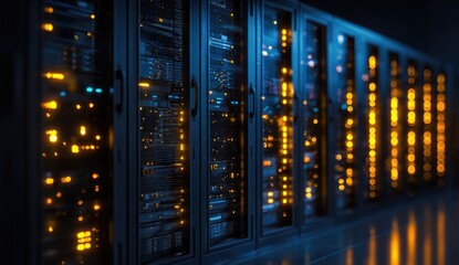 Server racks lit with glowing orange lights in a dark server room