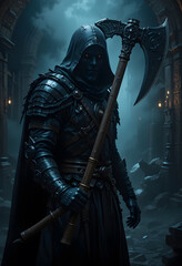 Naklejka premium Grim Medieval Executioner with Hood and Two-Handed Axe