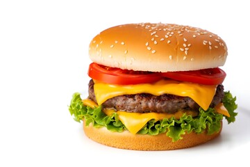 Delicious double cheeseburger with fresh lettuce and tomato isolated on white background