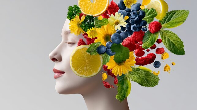 Woman's face is covered in fruit and flowers. The image is meant to convey a sense of freshness and vitality