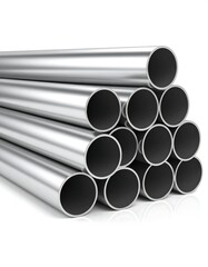 Polished metal pipes neatly stacked in a triangular formation on a reflective surface