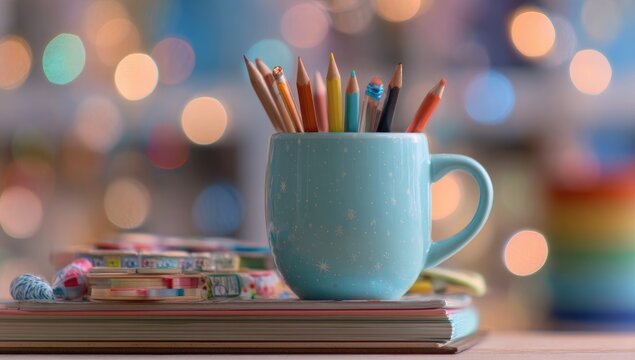 Colorful pencils in a light-blue mug on a stack of books. Bokeh background