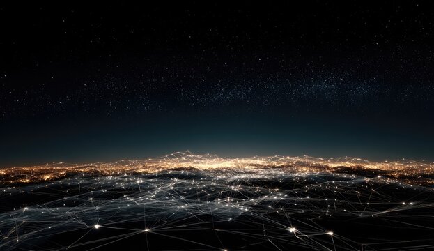 Night cityscape, glowing network of lines connecting illuminated city lights, starry sky - Powered by Adobe