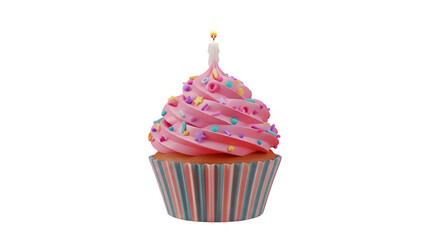 A cupcake with pink frosting and sprinkles with a candle on a black background in a studio shot