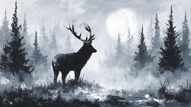 Majestic deer in a misty forest at night.