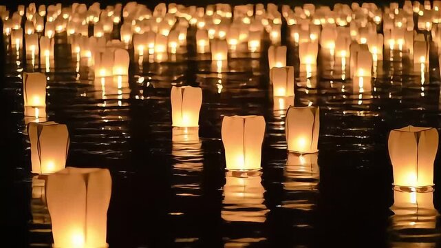 A multitude of glowing paper lanterns drift peacefully on the water at night, illuminating the darkness in a beautiful ceremony