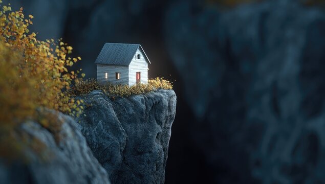 Tiny house on a cliff at night.  Autumnal foliage surrounds the miniature dwelling, lit from within