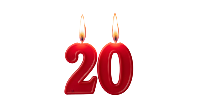 Two red candles shaped as the number twenty with flames against a black background in studio lighting