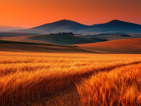 dramatic golden field of ripe wheat beneath fiery sunset sky, layered hills with smooth curves in the distance, tranquil farmland view on white background