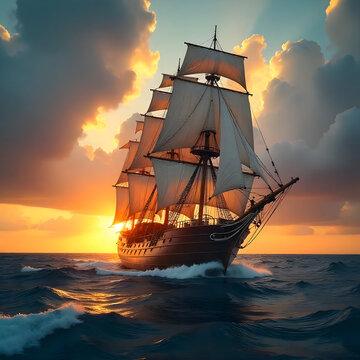 Majestic 18th Century Sailing Ship at Sunset in Rough Seas