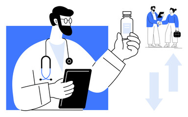 Doctor with stethoscope holding medicine and tablet, business people shaking hands, and upward-downward arrows. Ideal for healthcare, teamwork, research, pharmacy, innovation, collaboration simple