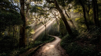 Obraz premium Sunbeams illuminating a winding path through a lush forest.